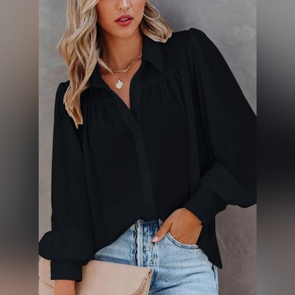 Tops - Button up Ruched Puff Sleeve Collared Blouse
